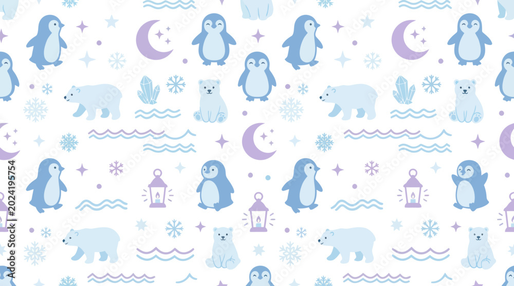 Obraz premium Cute Winter Animals Seamless Pattern: Penguins and Polar Bears in Flat Art Style