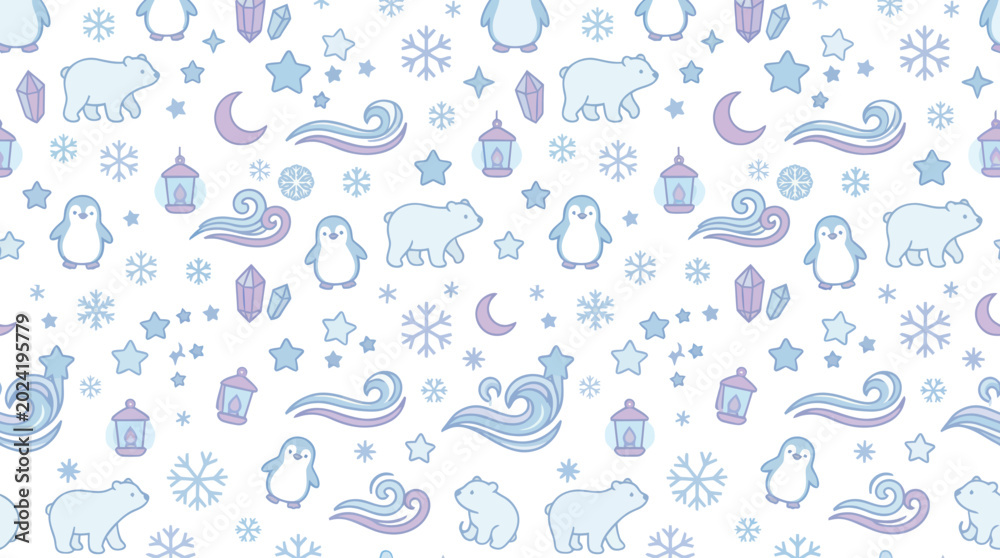 Obraz premium Cute Winter Pattern with Polar Bears, Penguins, Snowflakes, Stars, Moon, Crystals