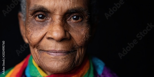 Elderly Black Woman Wearing Rainbow Scarf Celebrating LGBTQ Senior Identity and Inclusive Aging Support