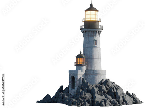 Detailed 3d lighthouse standing on jagged grey rocks with glowing lantern room and warm light isolated on a transparent background