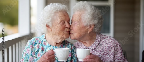 Two Elderly Women Kissing While Holding Teacups on Porch Celebrating LGBTQ Senior Love Intimacy and Peaceful Aging Together