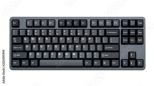 A closeup of a black laptop keyboard showing the electronic keys and buttons used for business, communication, and work on a modern computer notebook isolated on white background