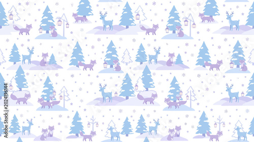 Cute Flat Cartoon Winter Forest Seamless Pattern with Deers, Foxes, and Snowy Trees. Holiday Nature Background.