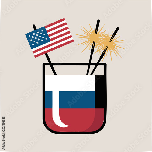 Patriotic drinkware, American and Russian flags, jar with sparkler fireworks, 4th of July decoration, vector icon