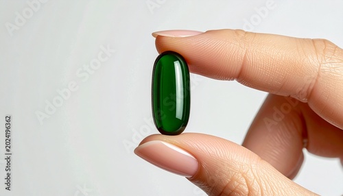Ultra high resolution close-up stock photo of human fingers gently holding a plain dark green gel capsule against a pristine white background, emphasizing daily health and wellness