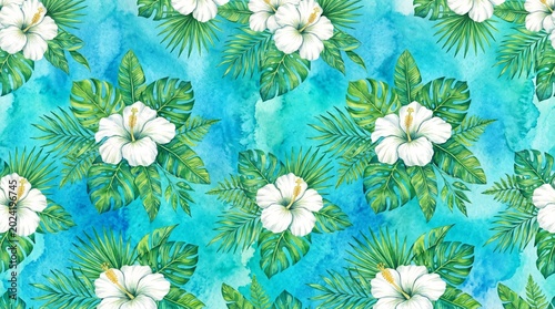 Vibrant watercolor tropical hibiscus flowers and lush green leaves on a turquoise blue background