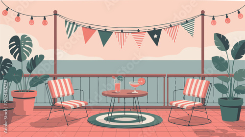 Outdoor patio, modern balcony, red furniture set, garden decor, bistro terrace