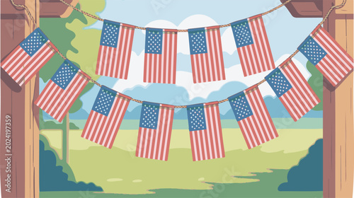 American flags, patriotic bunting, USA independence, festive decoration, vector illustration