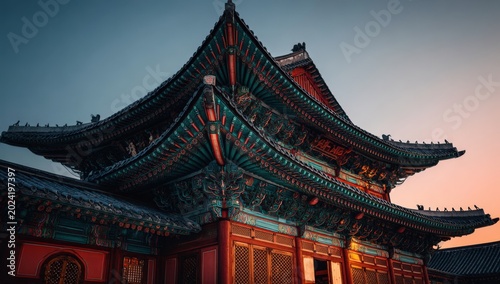 Traditional Asian architectural structure with ornate roof details and vibrant colors, illuminated by sunset, showcasing intricate design elements and historical significance