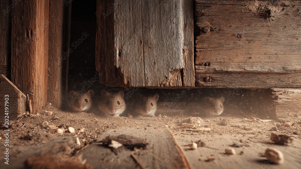 Fototapeta premium A group of small rodents peeking out from under a wooden structure in a dusty environment