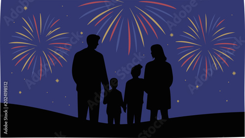 Family Silhouette, Fireworks Display, Night Sky, Celebration Vector