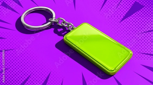 Blank green rectangle keychain mockup on vibrant purple pop art comic background 3d rendering