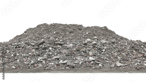 Pile of construction debris with broken concrete, bricks, and rubble on a plain background