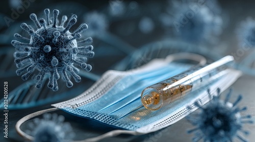 A medical face mask and syringe with vaccine surrounded by virus particles
