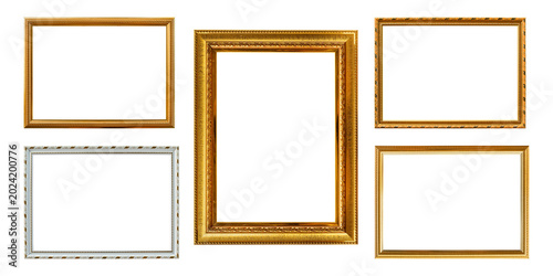 Set of ornate vintage gold picture frames isolated on transparent background, various decorative styles.