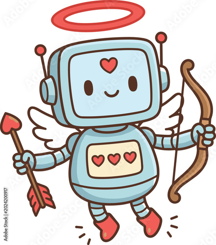 Photos Cute Cupid Robot Vector Illustration Featuring Angel Wings Halo Bow and Arrow fo