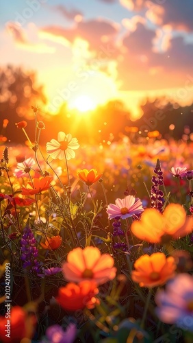 A vibrant meadow bursts with colorful wildflowers bathed in the warm glow of a sunset.