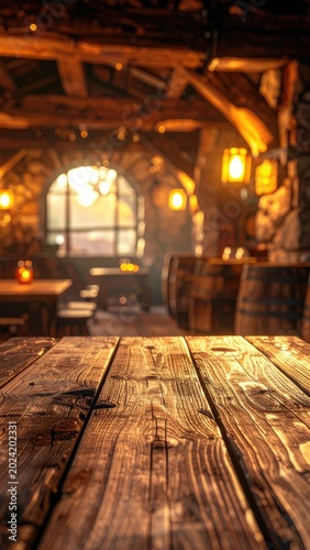 Cozy rustic interior with wooden tables, barrels, and warm lighting.