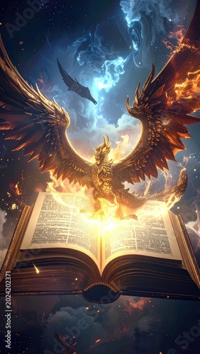 A majestic golden dragon emerges from an ancient, glowing book amidst a cosmic, fiery sky.