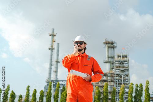 Fotografia Oil and gas refinery in petroleum industry, industrial engineer in orange covera