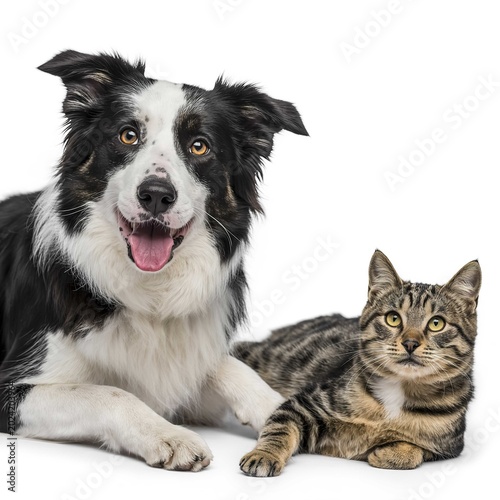 A happy black and white border collie dog lying down comfortably next to a small brown tabby kitten in this beautiful high quality studio pet photograph