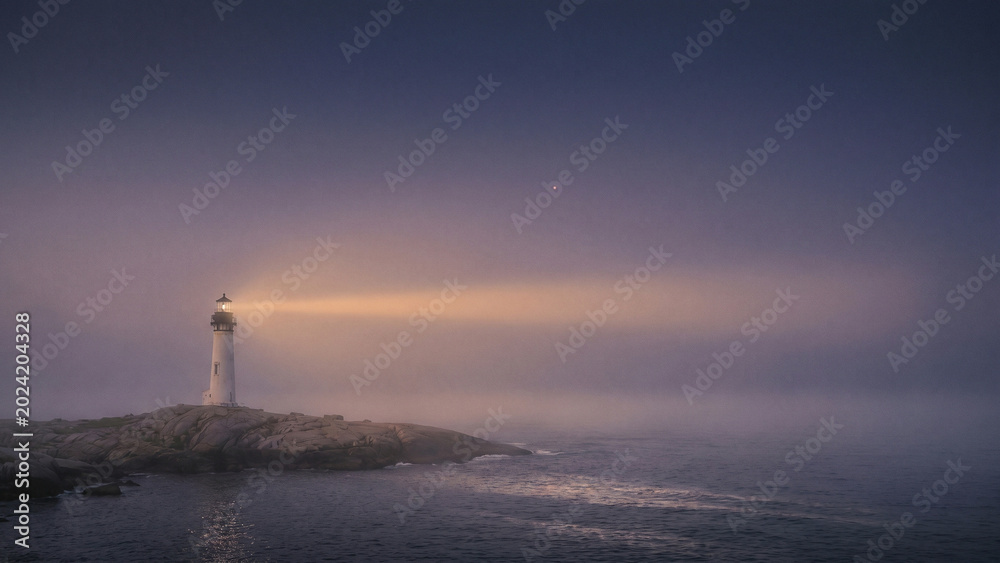 Fototapeta premium Glowing Lighthouse Radiating Hope through Dense Twilight Fog over Rocky Coastal Sea Perfect for Brochure and Event Backdrop