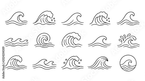 Ocean Wave Icon Set – Water Waves, Sea, Surf, Tsunami Line Icons Collection, Editable Vector Illustration