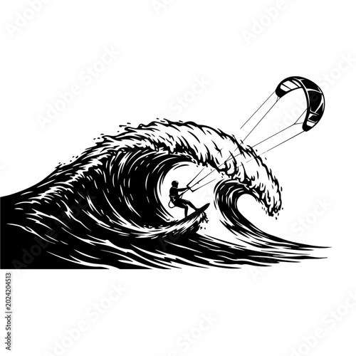 Kitesurfer Jumping High with Kiteboard Silhouette Vector Illustration