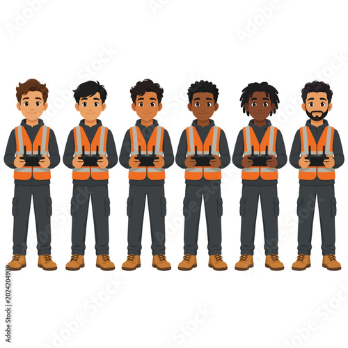 Team of Diverse Remote Pilots Dressed in Safety Gear, Skillfully Operating Controllers for Advanced Unmanned Systems in Technical Operations