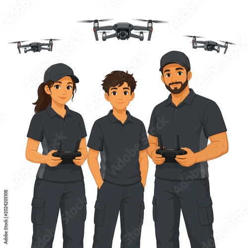 Skilled Remote Pilot team featuring diverse operators, including a child, confidently controlling modern drones for advanced aerial operations and creative photography