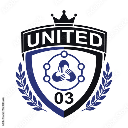 A shield-shaped emblem with the word UNITED and the number 03, featuring hands in a circle and a crown.