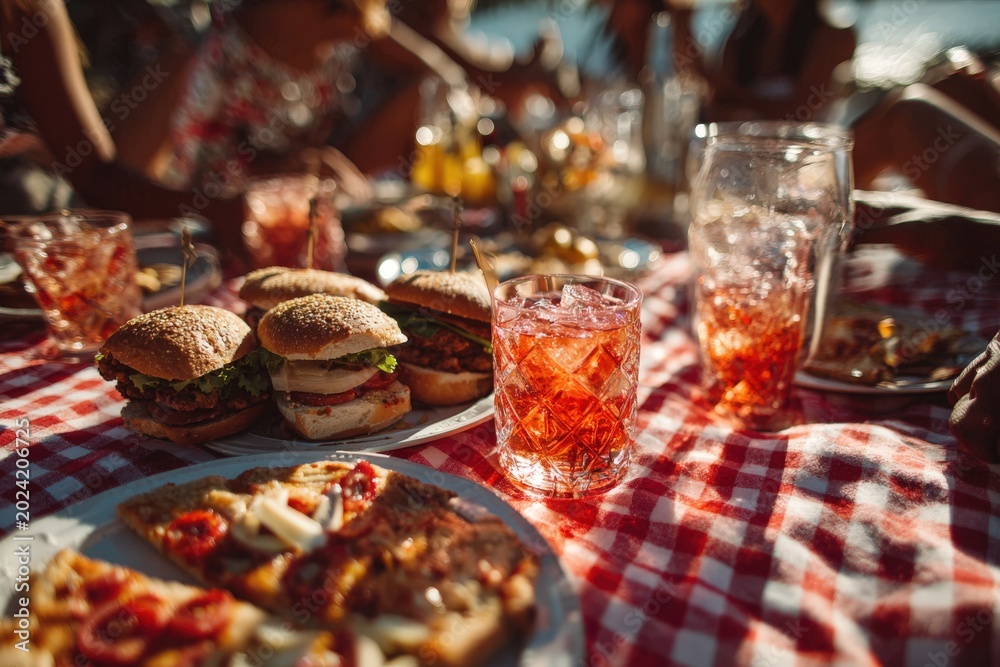 Fototapeta premium Assorted burgers and drinks on a red checkered tablecloth at a summer outdoor gathering with blurred people enjoying food and drinks in the background