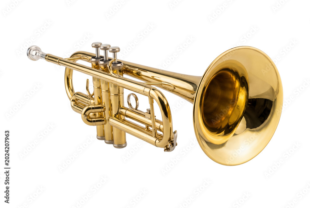 Obraz premium Golden trumpet musical instrument on display isolated on transparent background