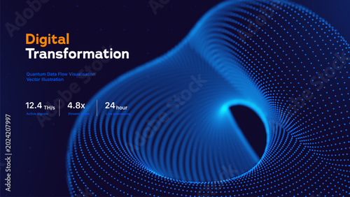 AI Technology Background With Abstract Blue Particle Spiral And Dynamic Cyber Wave. Digital Transformation Torus. Big Data Visualization And Network Shapes Vector Illustration.