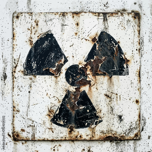 Rusted radioactive warning symbol on weathered metal surface
