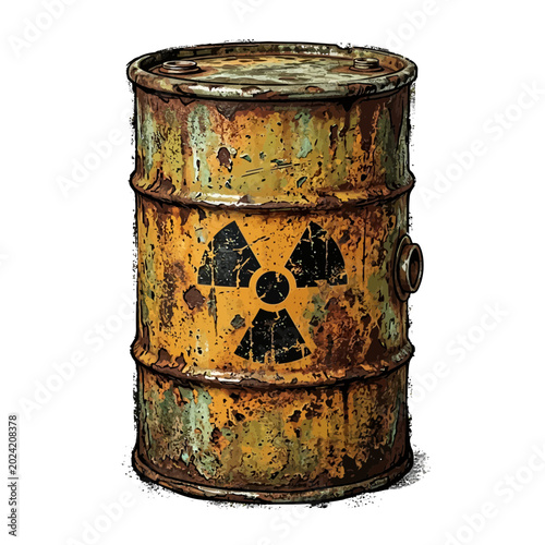 Rusty radioactive barrel with hazard symbol