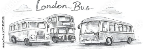 Tableau sur toile Hand sketchbook occupation illustration set featuring London bus in soft pencil sketch colors with artistic brush textures and playful travel-inspired composition