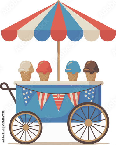 Vintage ice cream cart vector illustration, retro street food trolley with striped umbrella, patriotic carnival dessert stand with bunting flags