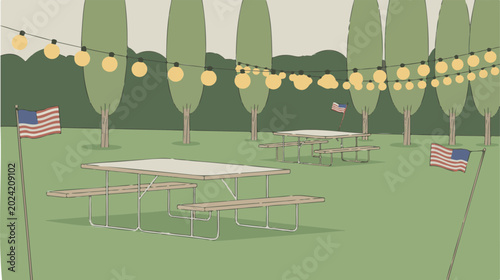 Patriotic outdoor picnic area with American flags and string lights, summer garden party vector illustration, festive backyard barbecue landscape