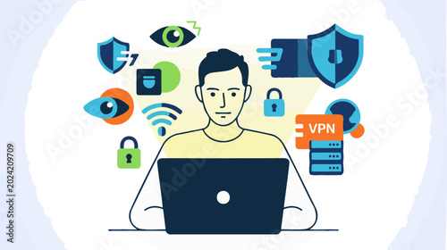 Cybersecurity, online safety, protection icons, man with laptop, VPN concept, digital security symbols