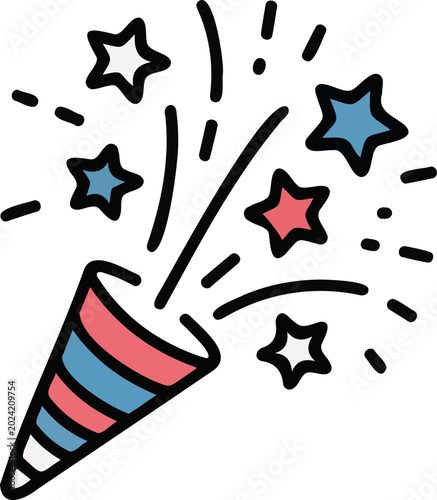 Party Popper, Celebration Icon, Red Blue Starburst, Vector Graphic