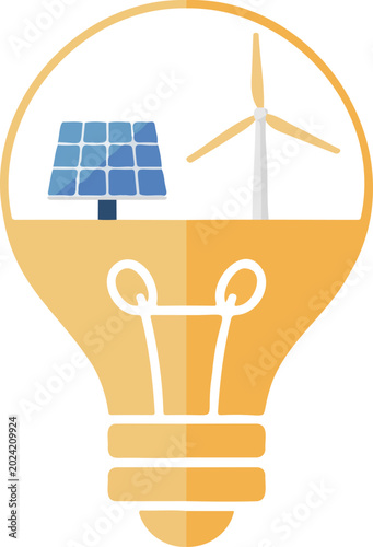 Eco friendly energy, sustainable power, solar panel, wind turbine, vector icon