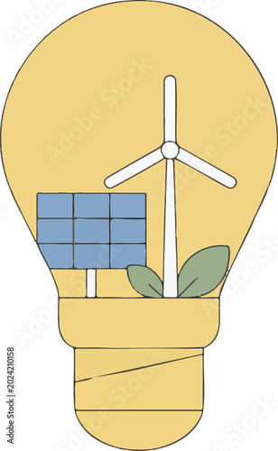 Eco friendly light bulb, sustainable energy concept, solar panel, wind turbine, green technology
