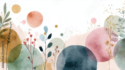 Abstract botanical watercolor texture and pastel shapes
