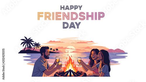 Tableau sur toile Friends Celebrate Friendship Day on Tropical Beach: A group of friends clinks glasses around a bonfire on a tropical beach, celebrating Friendship Day as the sun sets over the ocean