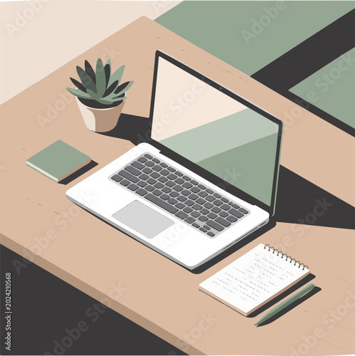 Minimalist Workspace Illustration with Laptop, Potted Plant, and Notebook on a Desk in Flat Vector Style