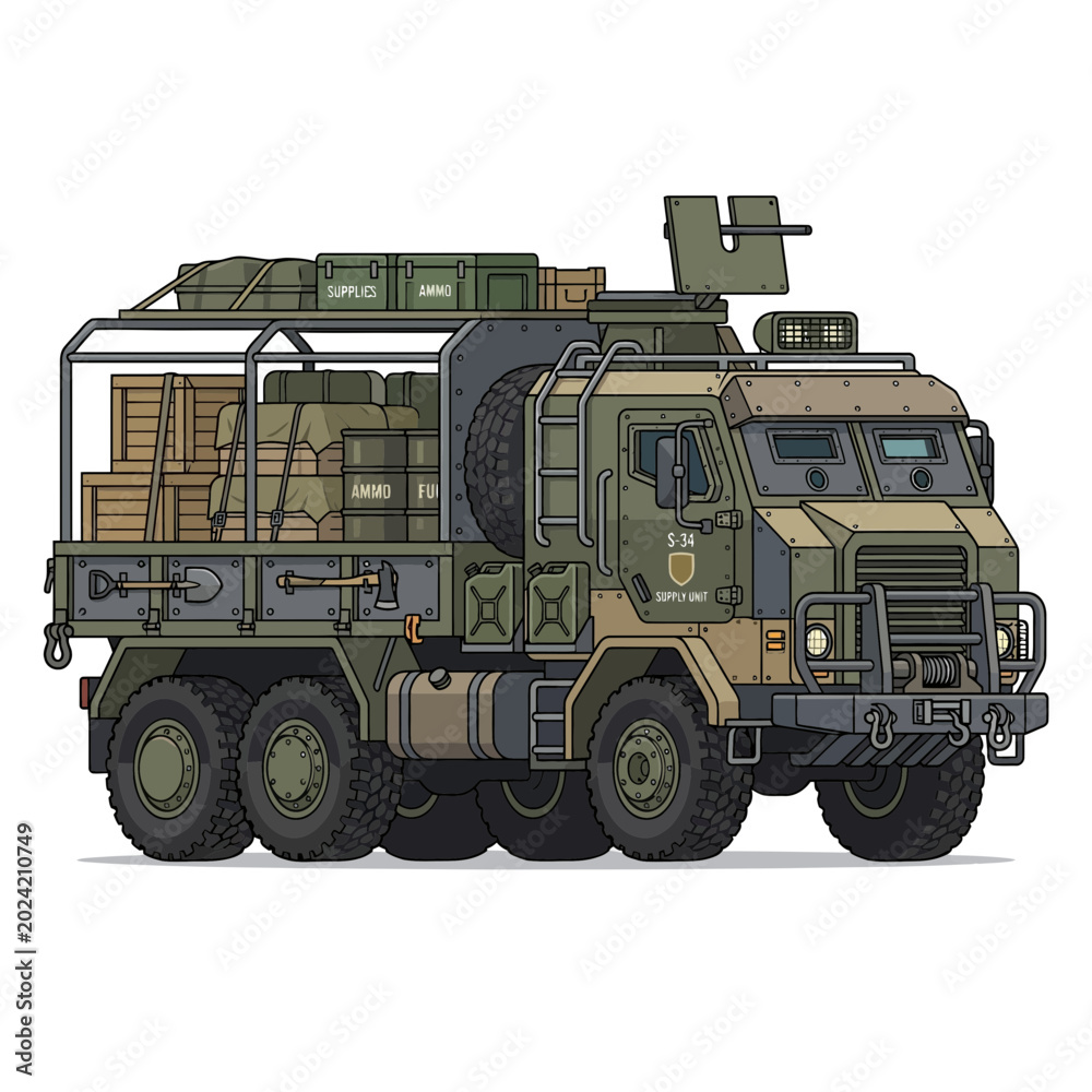 Obraz premium Military logistics truck loaded with supplies, pixel art