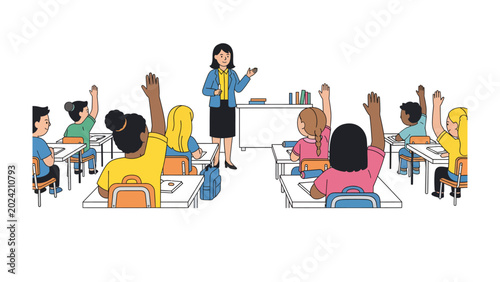 Bild auf Leinwand Classroom Learning: A dedicated teacher stands before a classroom of eager students, their hands raised, ready to participate and learn