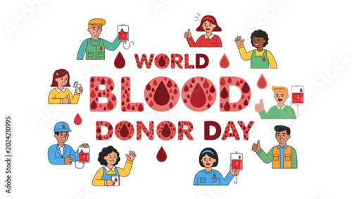 Bilde på lerret World Blood Donor Day Illustration: Diverse group of people celebrating World Blood Donor Day with blood bags and droplets, promoting the importance of blood donation