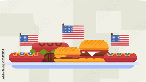 American BBQ Food Illustration with Burgers, Hot Dogs and USA Flags for 4th of July Celebration